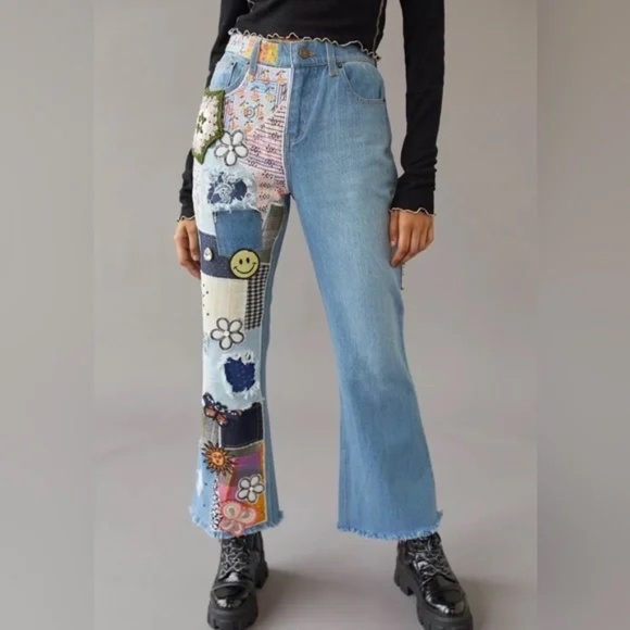 Urban Outfitters BDG Rare High Flare Patchwork Embroidered Crochet Jeans Y2K 25 - Picture 2 of 9